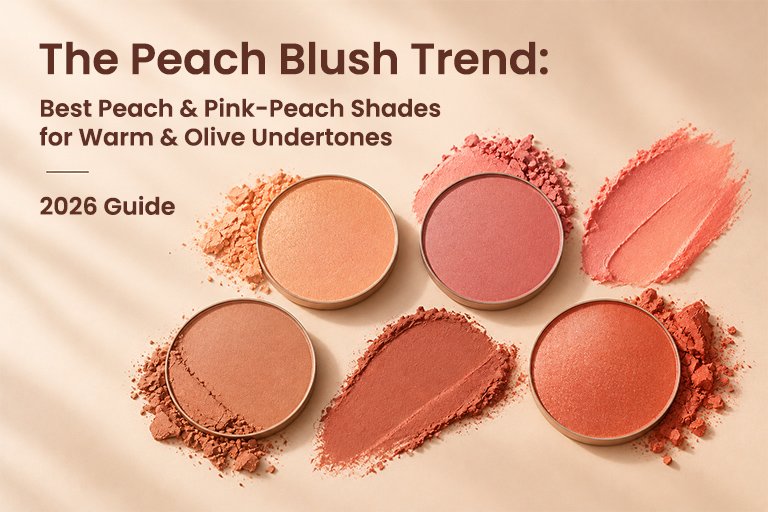 Cream, powder, and liquid blush textures in warm peach-pink shades, showing a creamy swatch, pressed powder pan, and liquid blush drop.