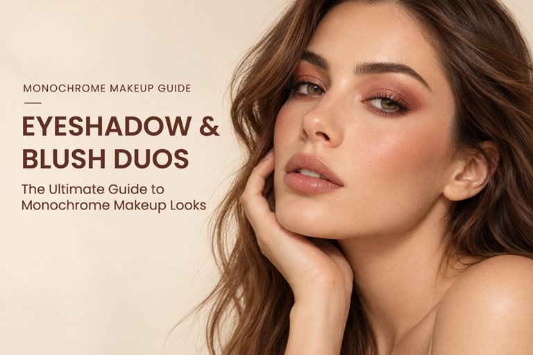 Young woman wearing coordinated rosy eyeshadow and peach blush in a soft monochrome makeup look, featured in an eyeshadow and blush duos guide.