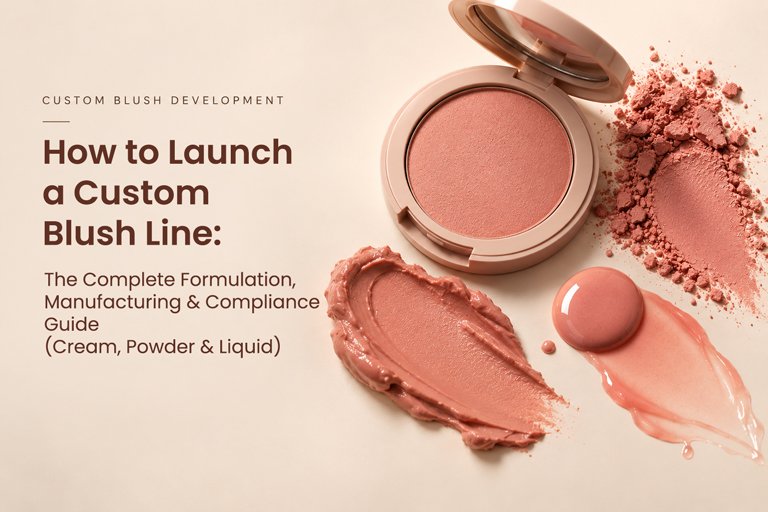 Private label blush collection featuring powder, cream stick, and liquid blush with custom logo packaging for indie beauty brands.