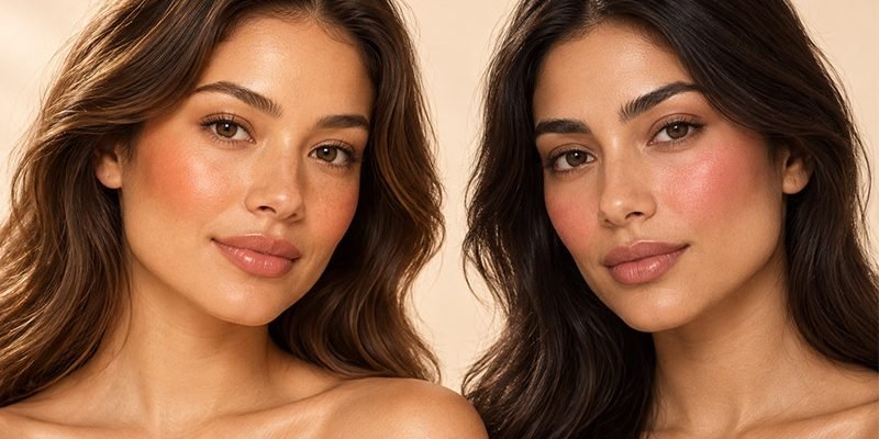 Two female models with warm and olive-toned complexions wearing peach and pink-peach blush, showing how different undertones complement coral and rosy peach shades.