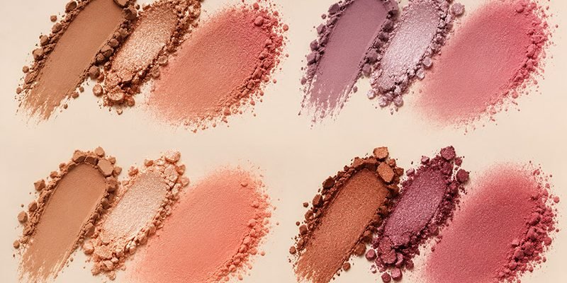 Four coordinated eyeshadow and blush color palettes featuring warm bronze, peach, mauve, and rose powder swatches for monochrome makeup looks.