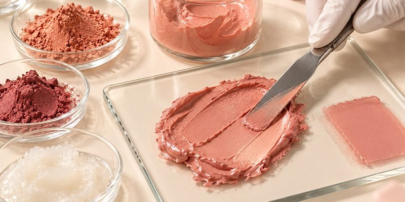 Small-batch private label powder blush production with pressed compacts, blush pigments, custom packaging, and boxed inventory.