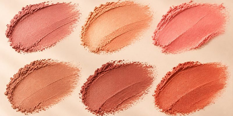 Six peach blush shade swatches featuring soft pink-peach, apricot, coral pink, warm nude peach, terracotta peach, and vibrant orange-coral tones.