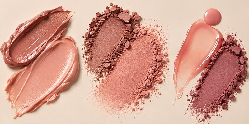 Close-up swatches comparing creamy blush, pressed powder pigments, and glossy liquid makeup textures in coordinated pink and rose shades.