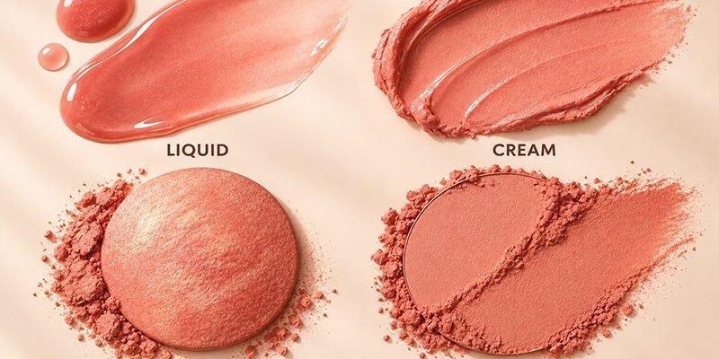Four peach blush formulas compared side by side: glossy liquid blush, creamy blush swatch, luminous baked blush, and matte pressed powder blush.