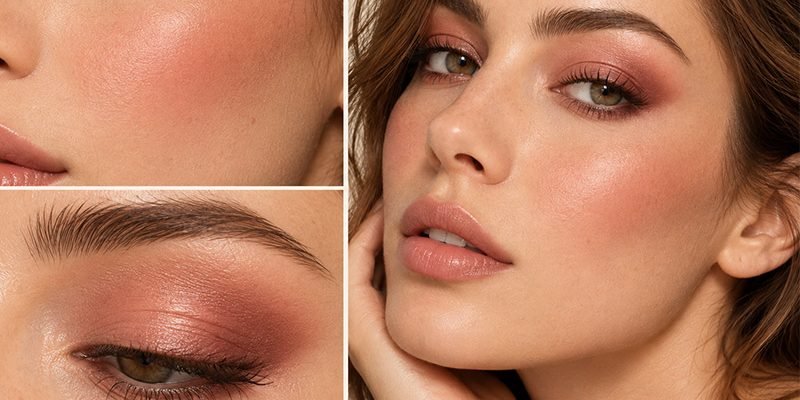 Close-up collage of a woman wearing rosy pink eyeshadow and soft peach blush, showing coordinated eye, cheek, and full-face monochrome makeup.