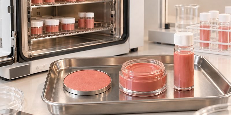 Four pillars of low MOQ blush sourcing showing custom formulation, packaging design, quality inspection, and production lead time planning.